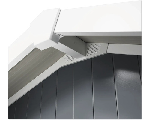 Detailopname van een tuinhuis met dakoverstek en wandbekleding