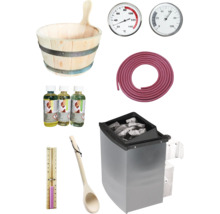 Sauna accessoires set met houten emmer, thermometer, hygrometer, geurstoffen, slang, opscheplepel en sauna kachel met stenen