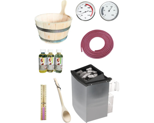 Sauna accessoires set met houten emmer, thermometer, hygrometer, geurstoffen, slang, opscheplepel en sauna kachel met stenen