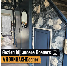 Hal met bloemenbehang, deur met spiegel en trap
