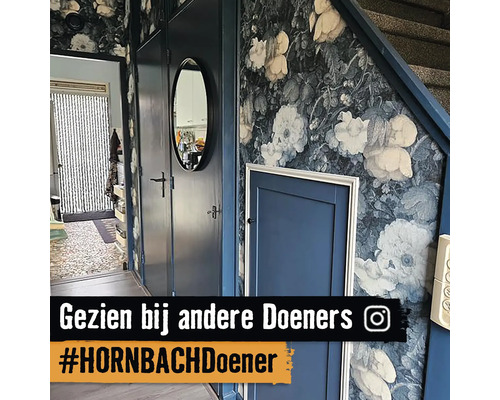 Hal met bloemenbehang, deur met spiegel en trap