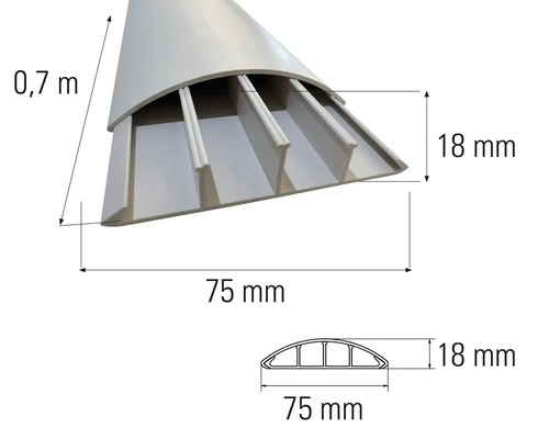 Kabelgoot met afmetingen van 0,7 meter lengte, 75 millimeter breedte en 18 millimeter hoogte.