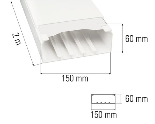 Afbeelding van een kabelgoot met de afmetingen 2 meter lang, 150 millimeter breed en 60 millimeter hoog.