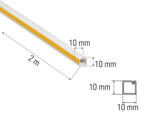 Twee meter lange kabelgoot met afmetingen van tien bij tien millimeter.