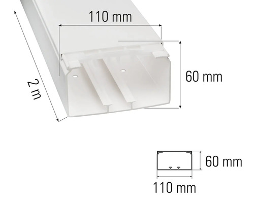 Installatiekanaal van kunststof, 2 meter lang, 110 millimeter breed en 60 millimeter hoog
