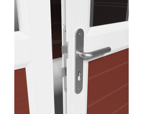 Close-up van een openstaande deur met zilverkleurige deurklink en sluitmechanisme