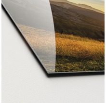 Close-up van een landschap op een acrylglasplaat.