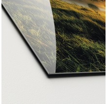 Detailopname van een landschapsfoto achter acrylglas