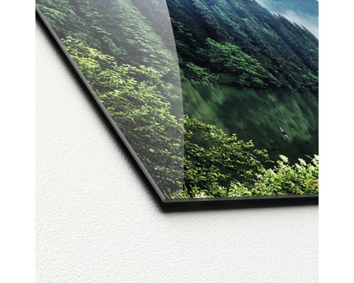 Close-up van een detail van een acrylglasfoto met bosmotief.