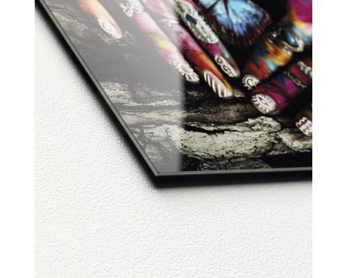 Close-up van een acrylglasplaat met een motiefdruk
