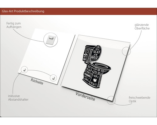Glasfoto met toiletmotief, inclusief afstandhouders en ophangsysteem