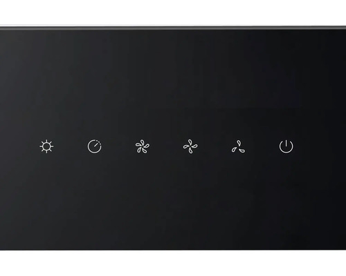 Symbolen voor licht, timer, ventilatorstanden en aan- uitknop