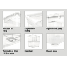 Details van een transparante opbergbox, die stabiliteit en stapelbaarheid benadrukken
