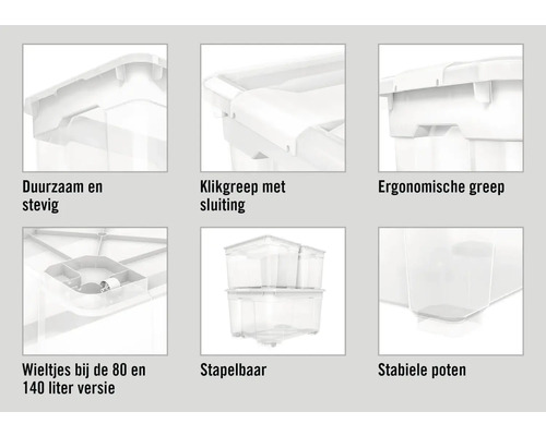 Details van een transparante opbergbox, die stabiliteit en stapelbaarheid benadrukken