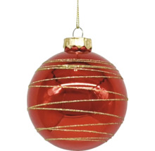 Rode kerstbal met gouden strepen