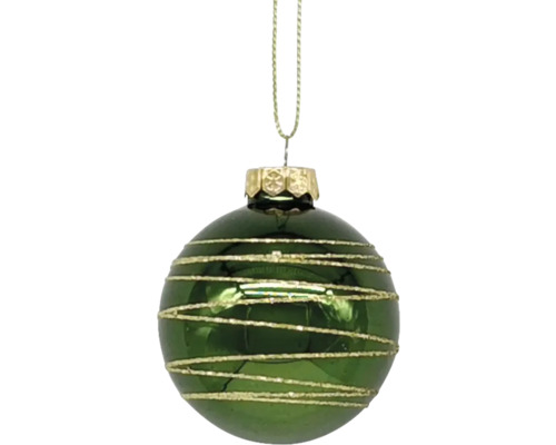 Groene kerstbal met gouden strepen en ophanging