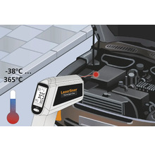 Laserliner ThermoSpot One infraroodthermometer meet de temperatuur in de motorruimte van een auto.