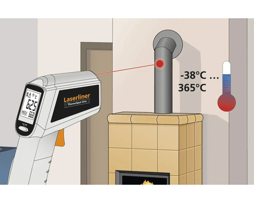 Laserliner ThermoSpot One infraroodthermometer meet de temperatuur van een kachelpijp