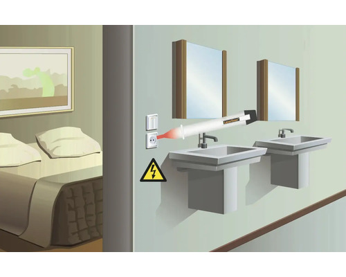 Illustratie van een stroomtester van Laserliner in een stopcontact in de badkamer