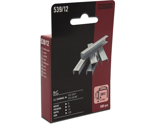 J.C. Schwarz nietjes type 539/12, 600 stuks, details over afmetingen en compatibiliteit op de verpakking