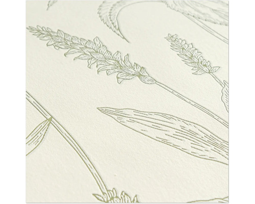 Close-up van een behangpatroon met plantmotieven en een reiger