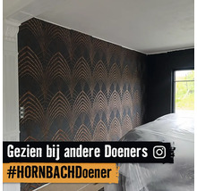Kamer met patroonbehang en stucwerk aan het plafond
