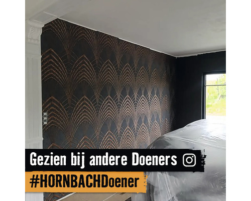 Kamer met patroonbehang en stucwerk aan het plafond