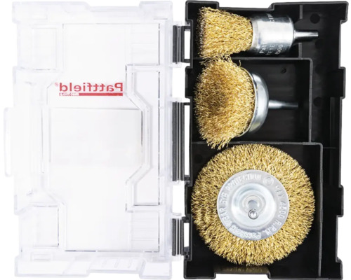 Draadborstelset met verschillende borstelvormen in transparante opbergkoffer