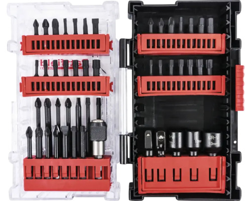 Schroevendraaierbitset met diverse bits en doppen in een transparante en zwarte behuizing