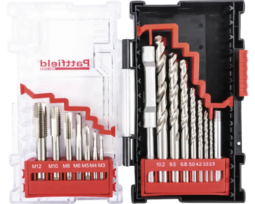 Boor- en draadtappenset in geopende opbergdoos