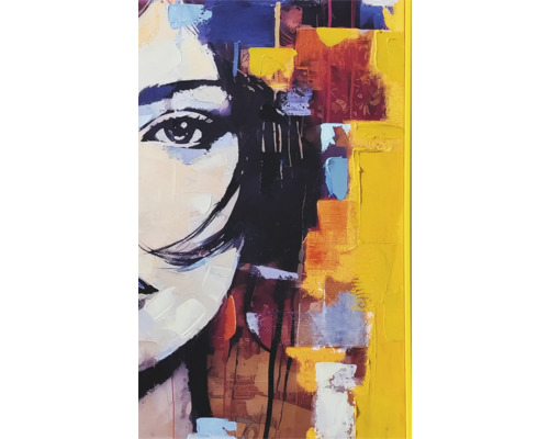 Schilderij met abstract vrouwenportret in een gele lijst