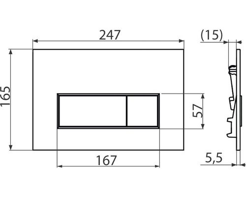 Technische tekening van een bedieningspaneel voor een toilet met maatvoering.