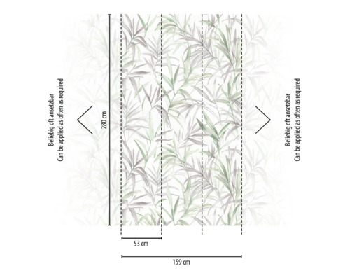 Afbeelding van een behang met bladerpatroon en maataanduidingen