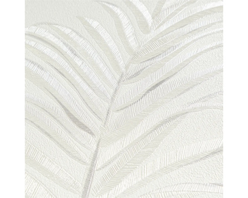 Detailopname van een wit vinylbehang met palmmotief