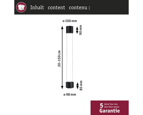 Afmetingen van een lamp met een lengte van 20 tot 150 cm