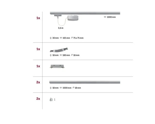 Overzicht van de afzonderlijke onderdelen en afmetingen van het product.
