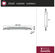 Technische tekening van een meubelscharnier met de afmetingen 227 mm lengte en 18 mm breedte, plus vijf jaar garantie