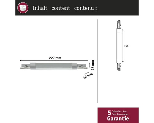 Technische tekening van een meubelscharnier met de afmetingen 227 mm lengte en 18 mm breedte, plus vijf jaar garantie