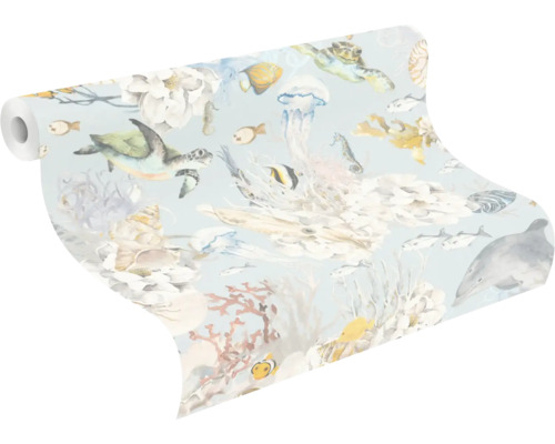 Behangrol met maritieme motieven zoals schildpadden, vissen en koralen
