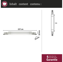 Technische tekening van een kastophangrail met afmetingen van 227 cm lengte en 18 mm breedte, inclusief 5 jaar garantie