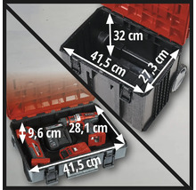 Afbeelding van een gereedschapskoffer met afmetingen, open en gevuld met gereedschap.