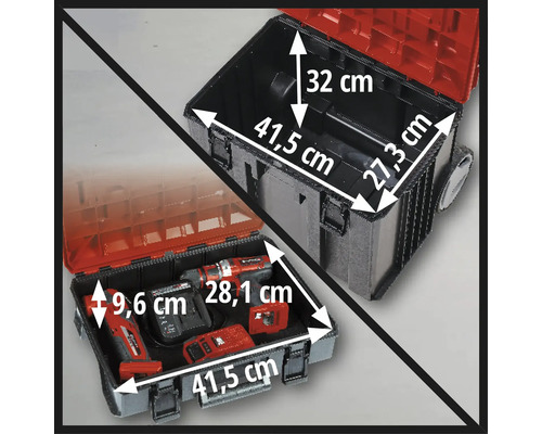 Afbeelding van een gereedschapskoffer met afmetingen, open en gevuld met gereedschap.