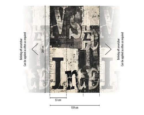 Wandafbeelding met krantenartikel- en letter motief, 280 x 159 cm