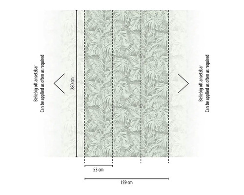 Diagram van een fotobehang met tropisch bladmotief en maatvoering
