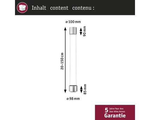 Technische tekening van een lampbehuizing met maataanduidingen en vijf jaar garantie