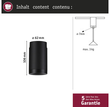 Afmetingen en details van een lamp met een diameter van 62 mm en een hoogte van 106 mm, een maximale belasting van 3 kg en 5 jaar garantie