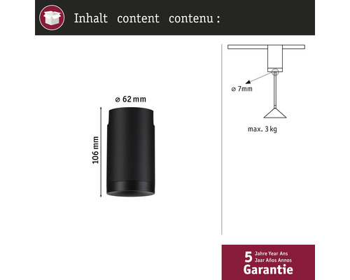 Afmetingen en details van een lamp met een diameter van 62 mm en een hoogte van 106 mm, een maximale belasting van 3 kg en 5 jaar garantie