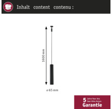 Afmetingen van een hanglamp: 1600 millimeter lang, 65 millimeter doorsnee en vijf jaar garantie