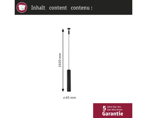 Afmetingen van een hanglamp: 1600 millimeter lang, 65 millimeter doorsnee en vijf jaar garantie