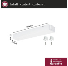 Inhoud: Onderbouwlamp met afmetingen 205 mm x 45 mm x 27 mm en twee bevestigingsklemmen met schroeven. Vijf jaar garantie.